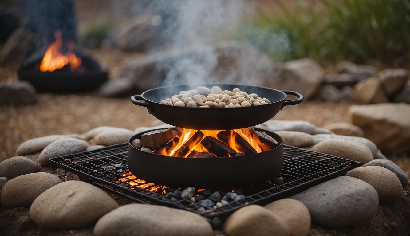 A fire pit surrounded by rocks, with a pot hanging over the flames. 