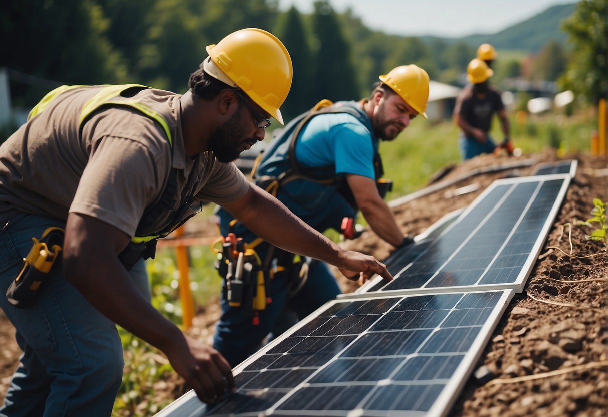 A diverse community works together to build and install solar panels and wind turbines amidst a power grid collapse