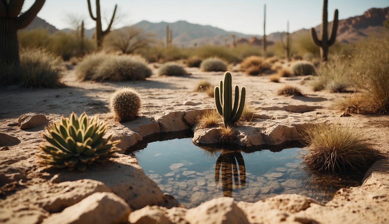 A desert landscape with cacti and dry, cracked earth. A lone oasis surrounded by desert plants