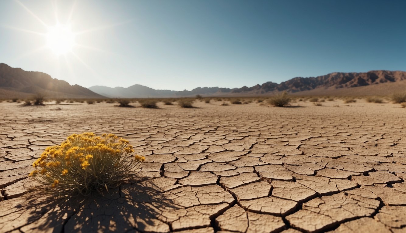 Arid landscape with sparse vegetation, cracked earth, and a scorching sun overhead. 