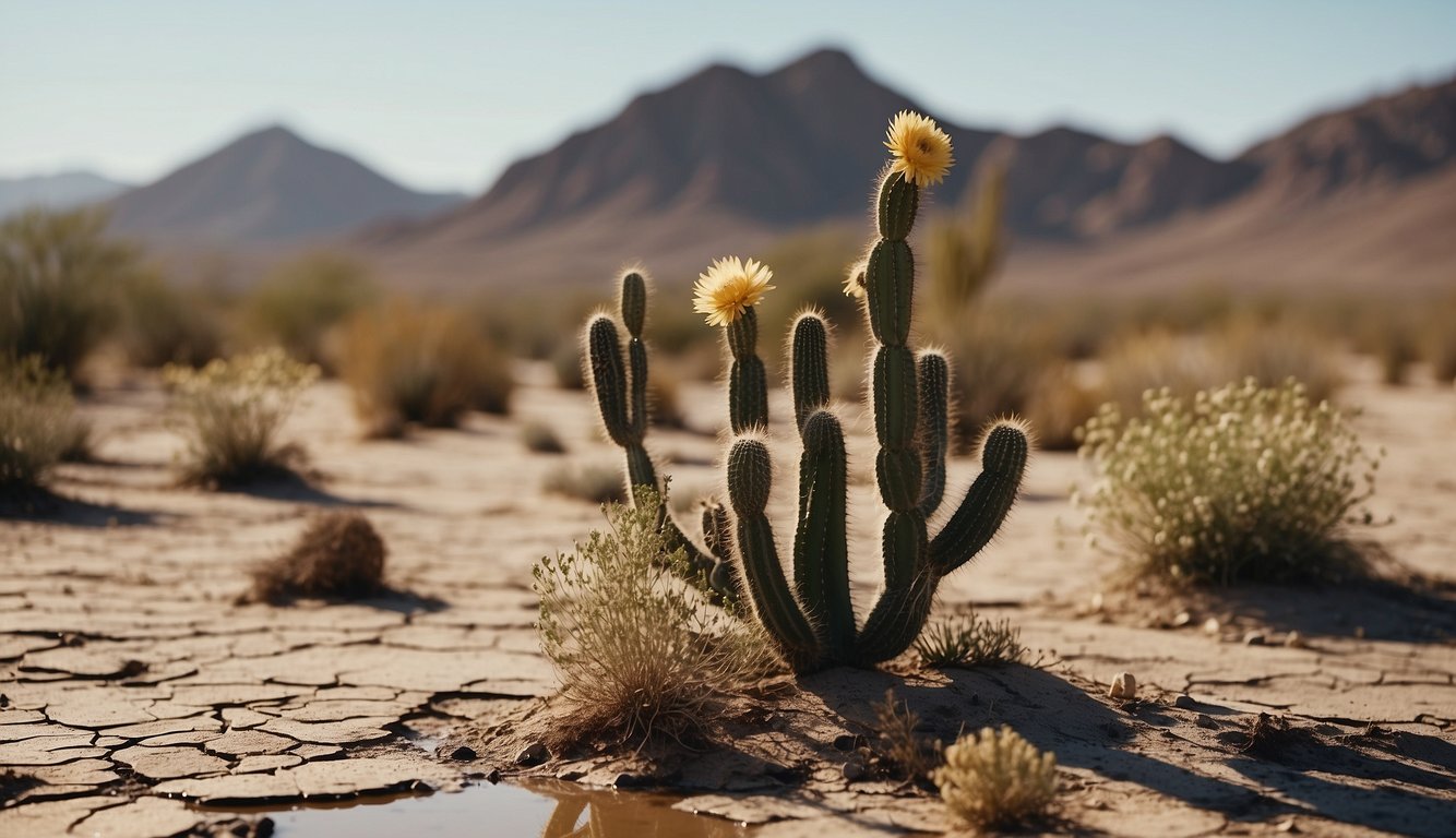 A barren desert landscape with cracked earth, dried-up riverbeds, and wilted vegetation. A lone cactus stands tall