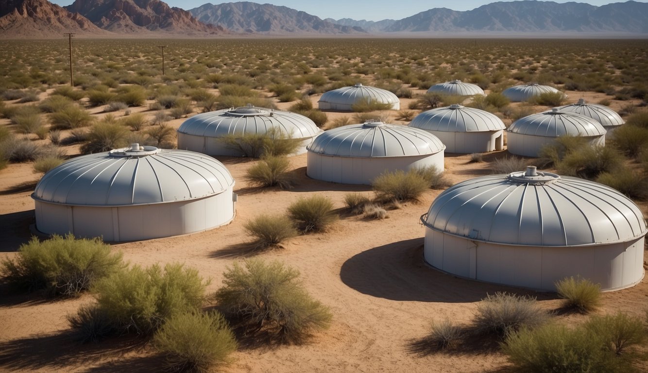 A desert landscape with a network of rainwater collection systems, water storage tanks