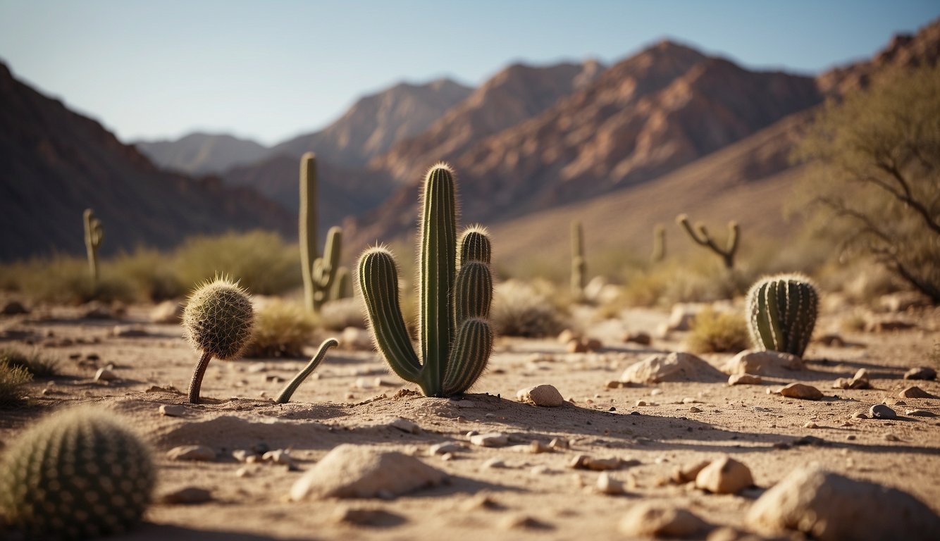 A lone desert landscape, with cacti and sparse vegetation, a dry riverbed, and a small oasis