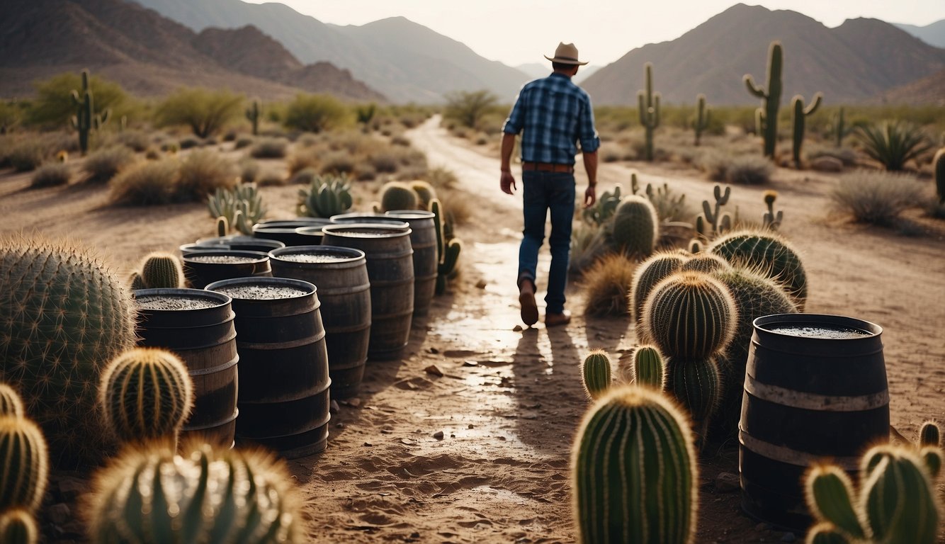 A dry desert landscape with cacti, and a farmer near his water storage barrels