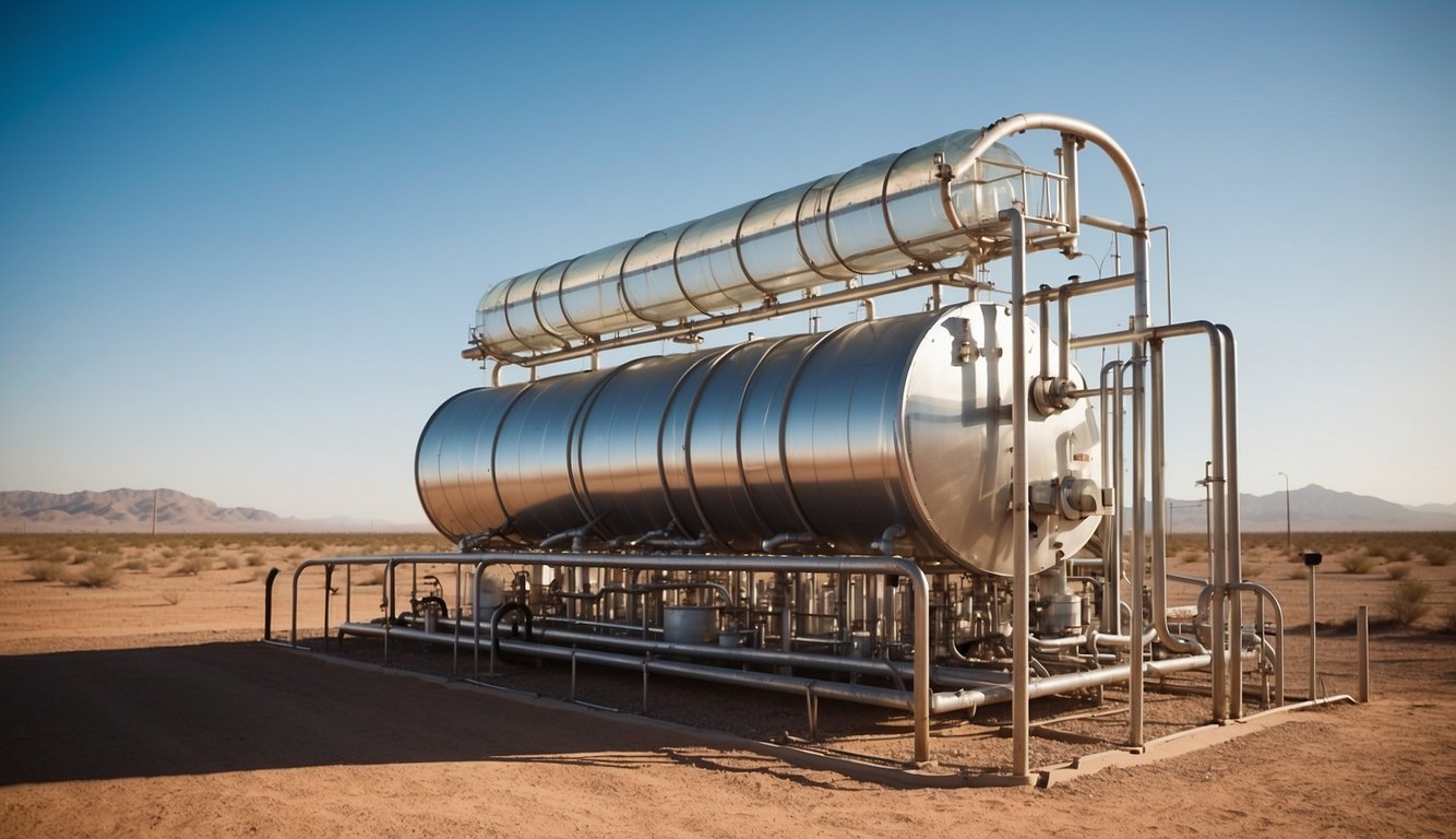 A solar-powered desalination plant stands against a barren desert landscape. Pipes and tanks connect to a network of water collection and purification systems