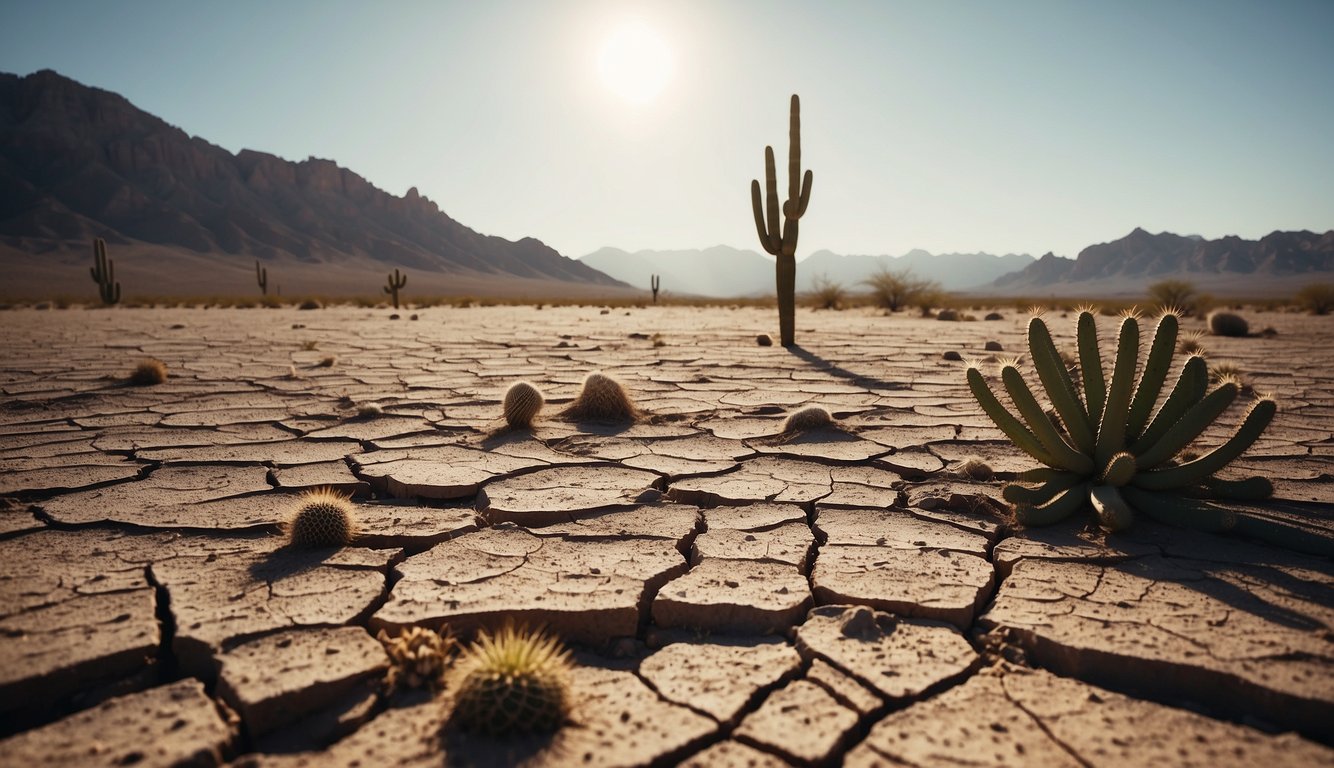 A barren desert landscape with a dry riverbed, scattered cacti, and a lone oasis surrounded by parched earth