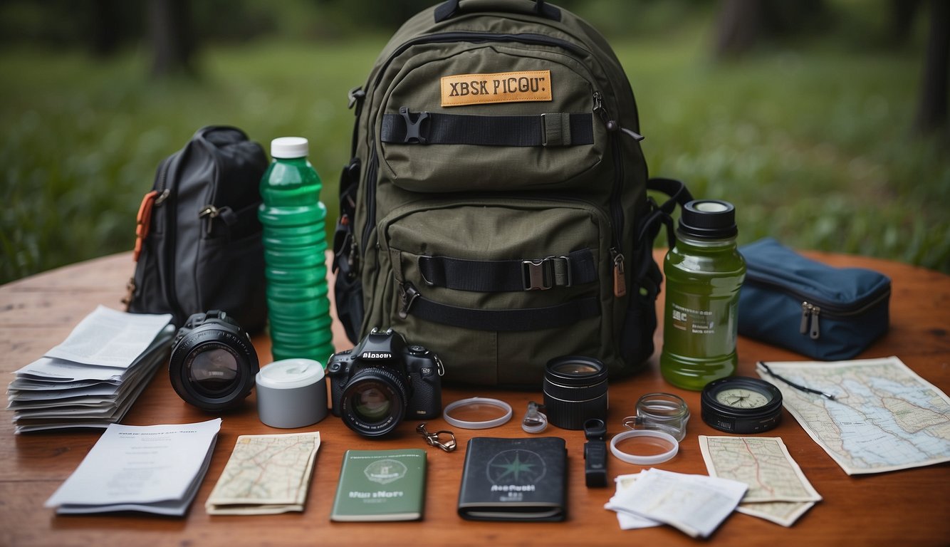 A backpack packed with essentials, map, compass, and emergency supplies laid out on a table