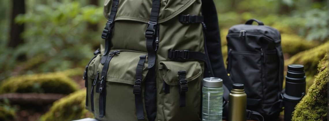 A backpack filled with survival gear, map, and compass on a forest trail, with a rugged terrain and dense foliage