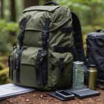 A backpack filled with survival gear, map, and compass on a forest trail, with a rugged terrain and dense foliage