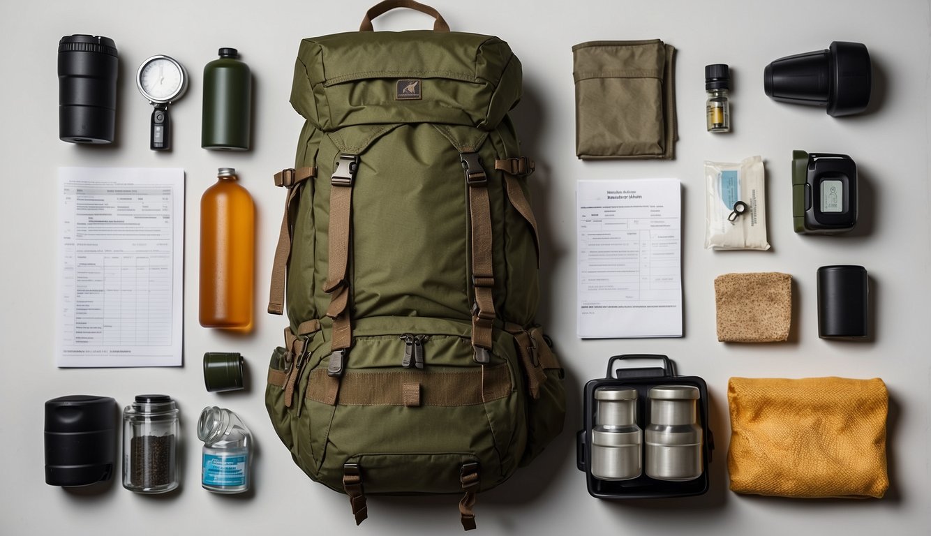 A bug out plan includes a backpack, water, food, first aid kit, flashlight, map, and important documents