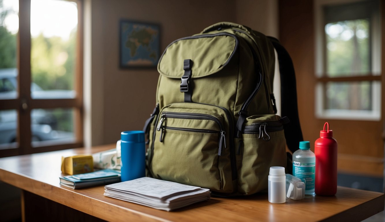 A backpack filled with essentials sits by a door. A map, flashlight, and first aid kit are visible