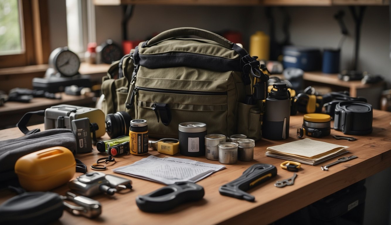Tools and supplies neatly organized on a workbench. A bug-out bag packed with essential gear sits nearby.