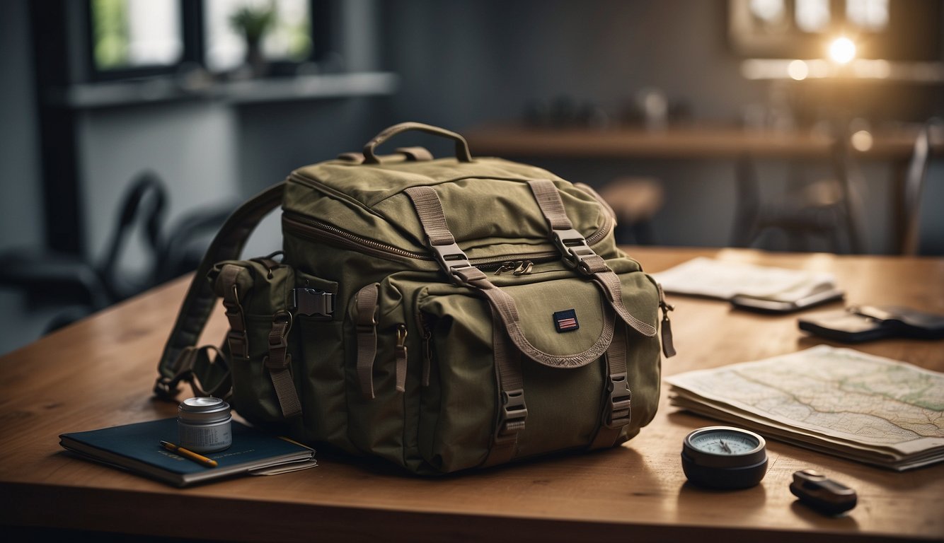 A backpack packed with supplies, a map, and a compass laid out on a table