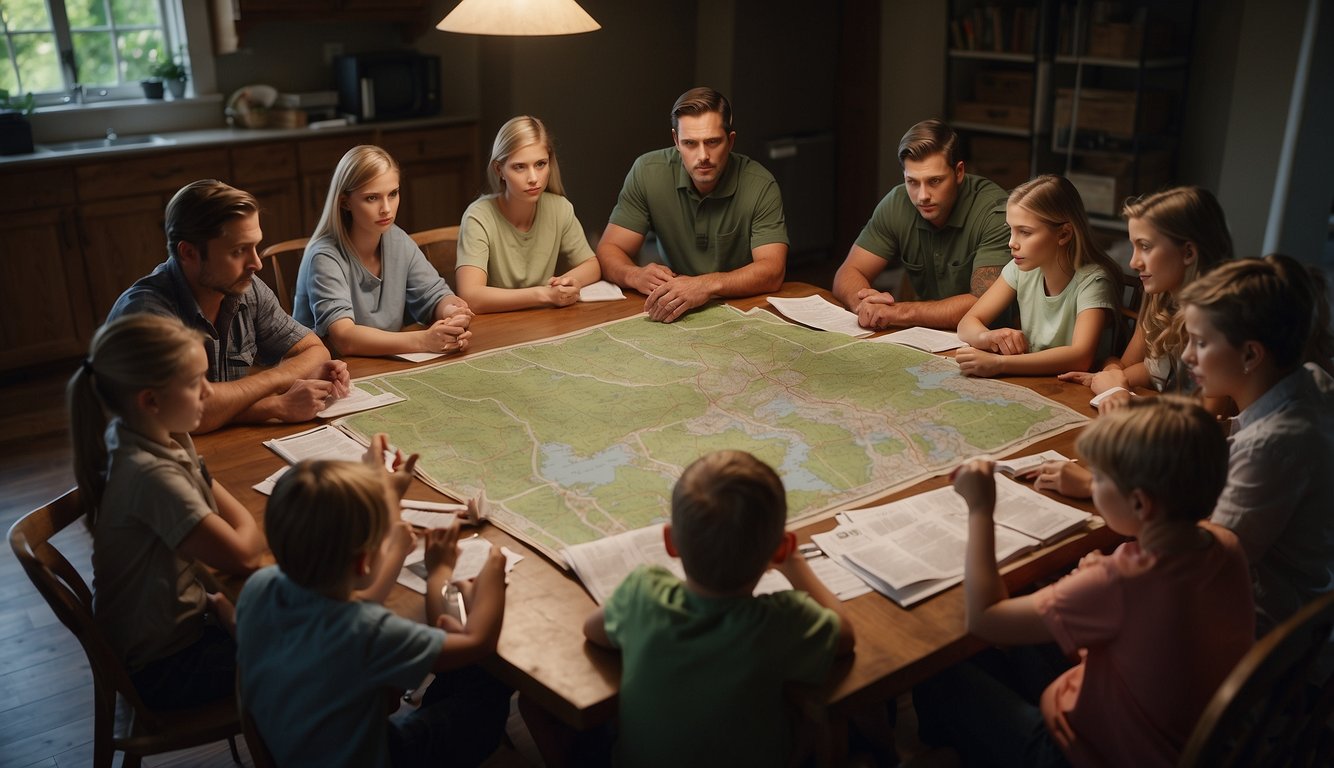 A family gathers around a table, discussing who should be included in their bug out plan. Maps are spread out in front of them