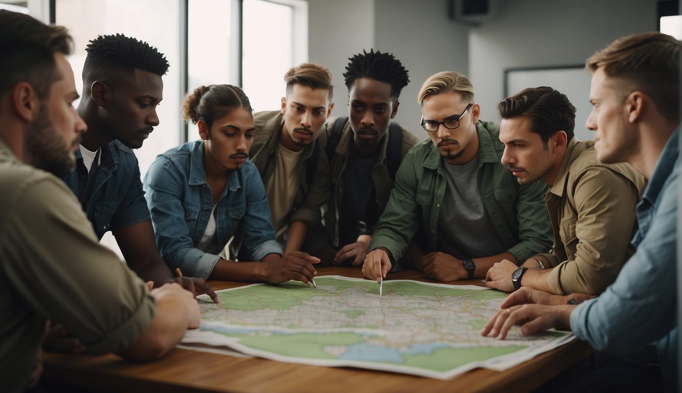 A group of diverse individuals gather around a map, discussing and planning for a bug out situation.