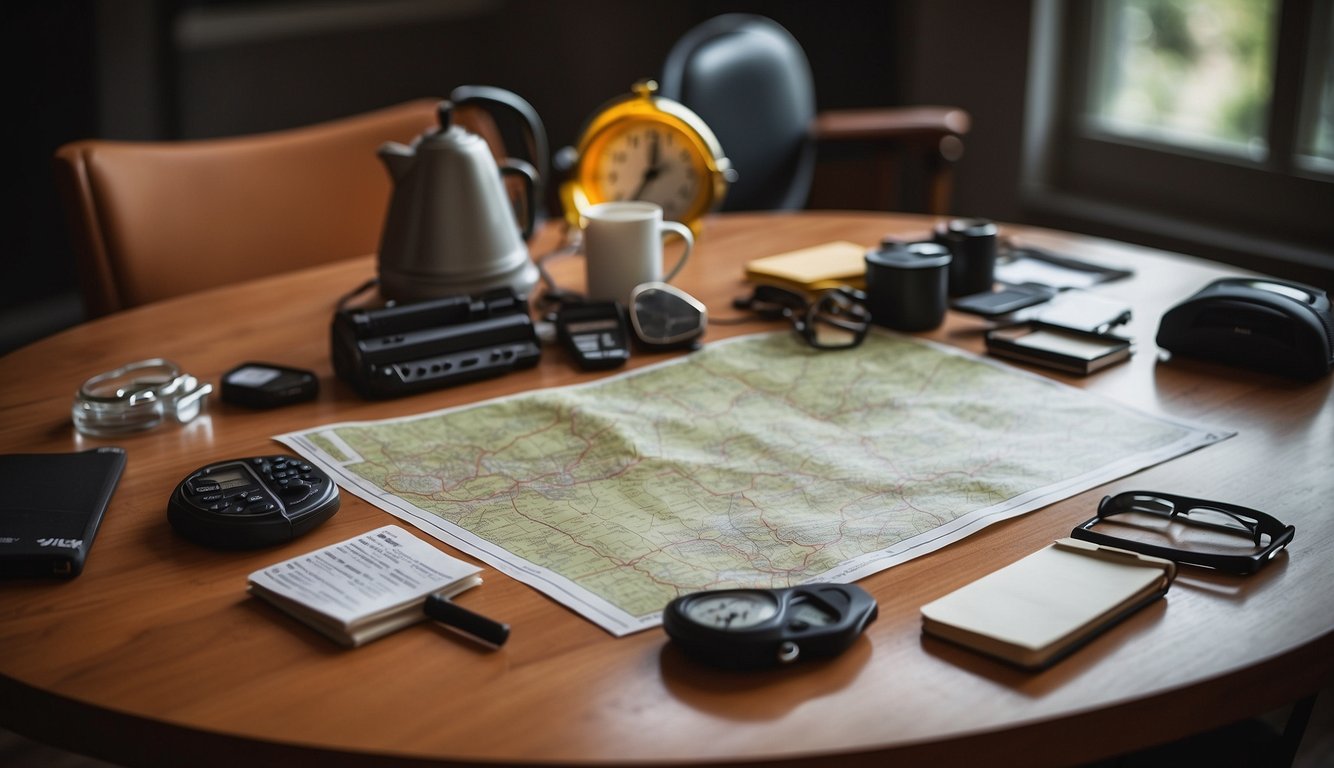 A table with a map, emergency supplies, and a checklist for revising bug out plan regularly