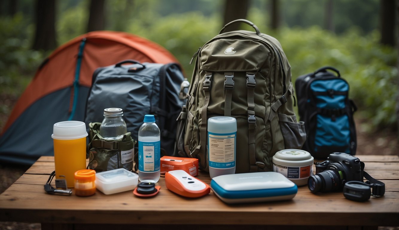 A backpack sits open on a table, filled with emergency supplies like water, food, first aid kit, flashlight, and a map. The bag is surrounded by additional gear such as a tent, sleeping bag, and a multi-tool