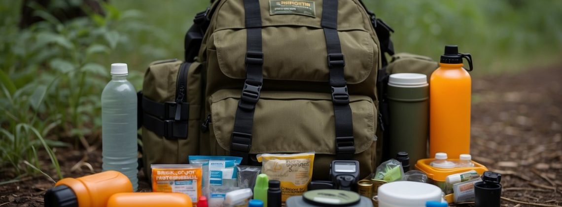 A bug out bag sits open on the ground, filled with essentials like food, water, first aid supplies, and a flashlight