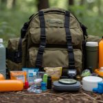 A bug out bag sits open on the ground, filled with essentials like food, water, first aid supplies, and a flashlight