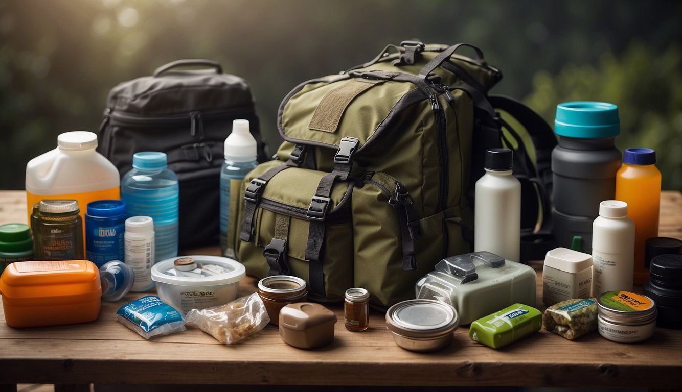 A bug out bag sits on a table, packed with essentials like food, water, and first aid supplies. It is sturdy and practical, ready for any emergency