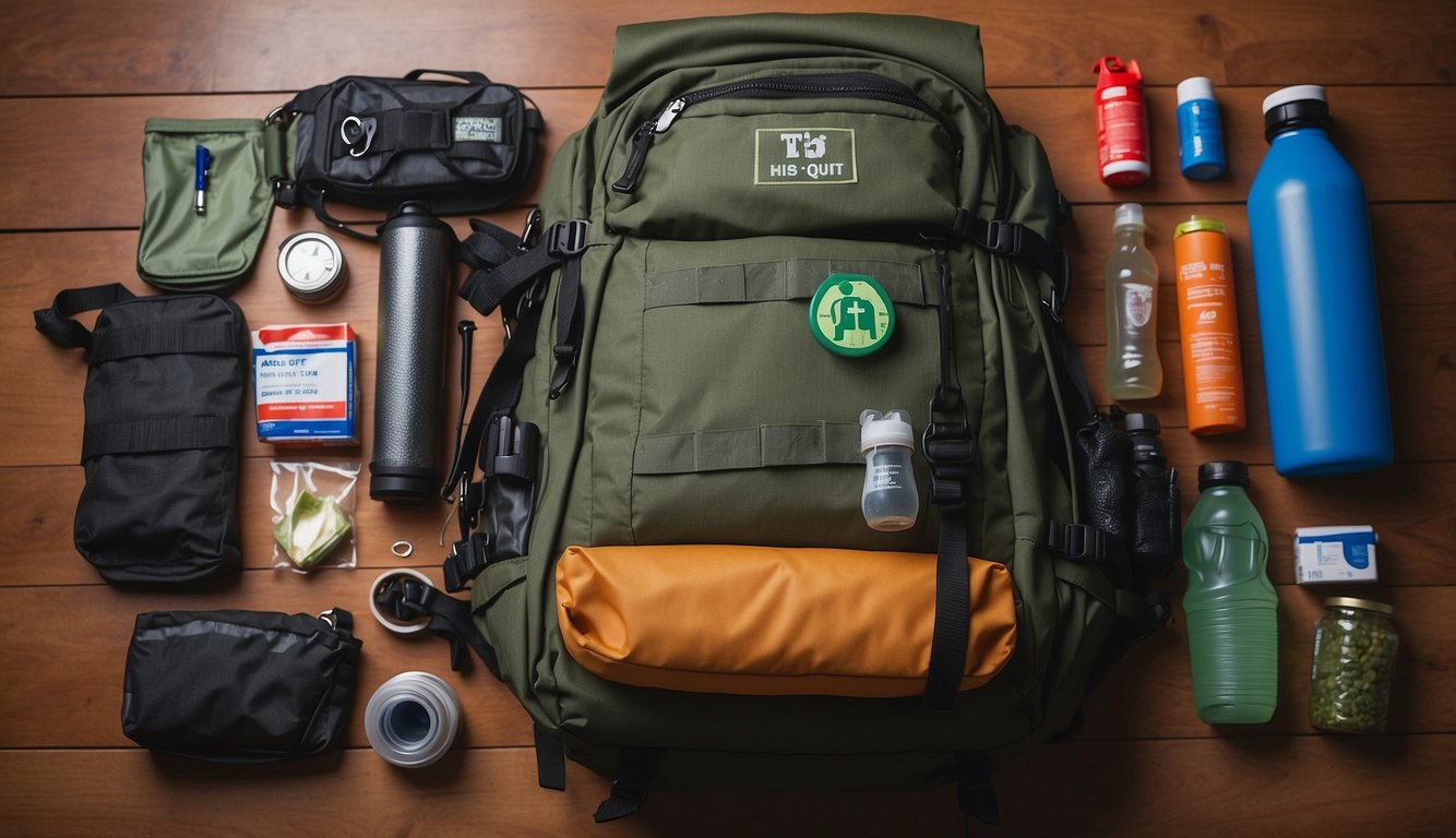 A bug out bag laid out on a table, containing a water bottle, first aid kit, flashlight, multi-tool, emergency blanket, and non-perishable food items