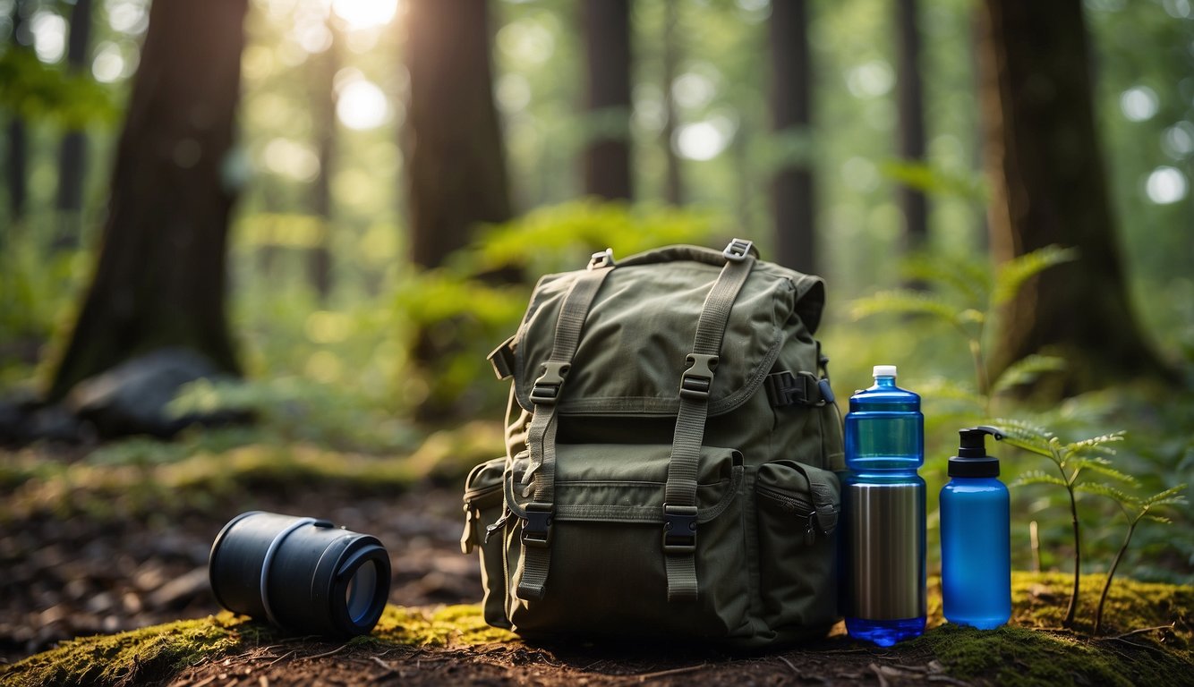 A bug out bag sits open on the forest floor, filled with essential survival items like a water filter, fire starter, and first aid kit