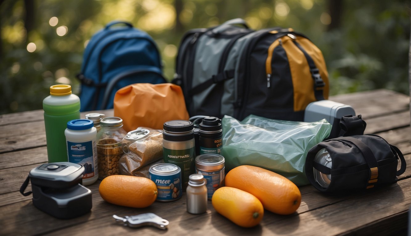 A table with various survival items: flashlight, first aid kit, water bottle, multi-tool, and non-perishable food. A backpack is open and ready to be filled with these items
