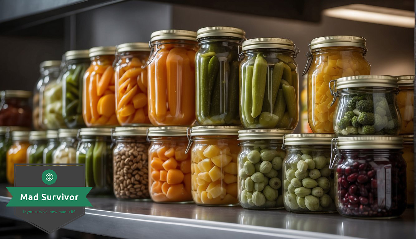 Various food preservation methods: canning, dehydration, freeze-drying. Illustrate a variety of preserved foods in storage containers