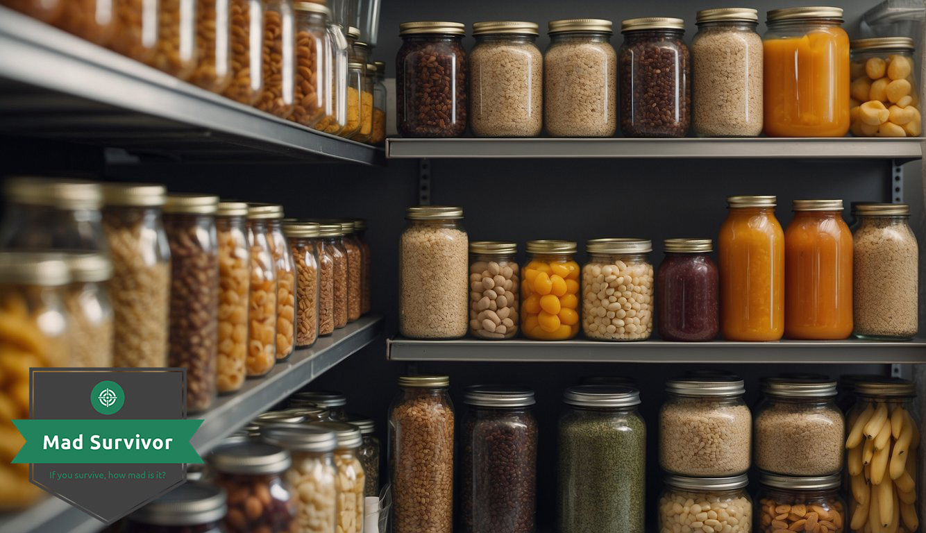 Assorted canned goods, dried fruits, and grains neatly organized on shelves. 