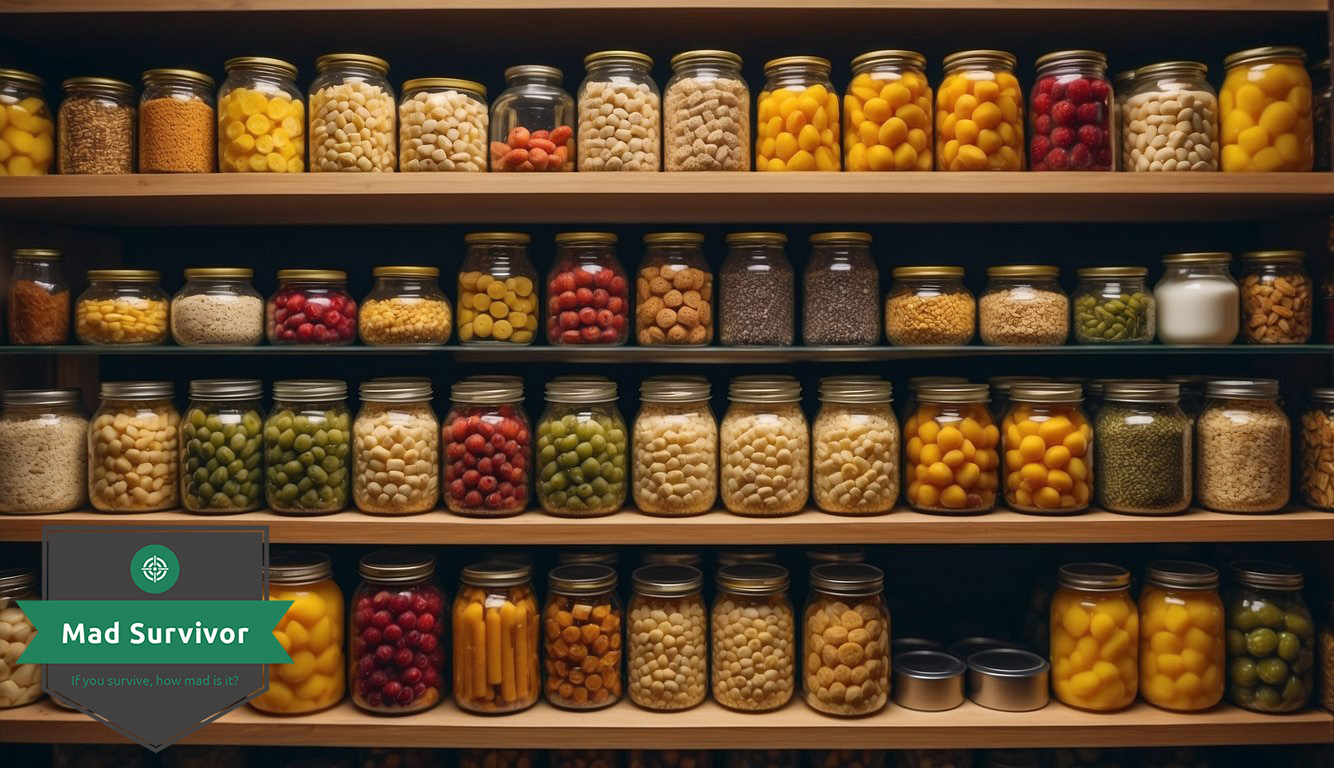 Assorted canned goods and dried foods neatly arranged on sturdy shelves