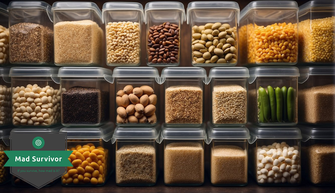Assorted grains and legumes neatly organized in airtight containers for long-term storage