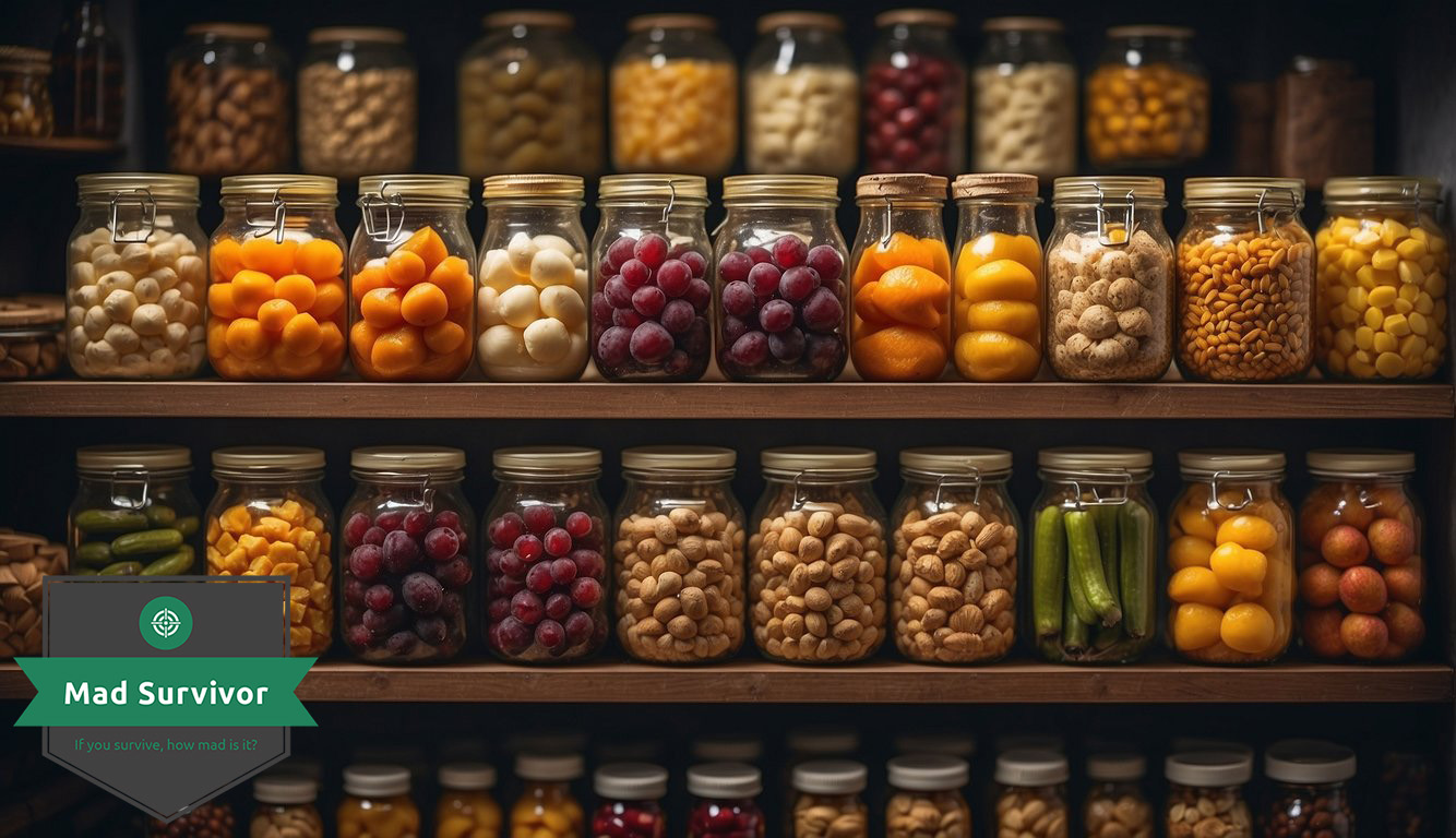 Assorted preserved foods neatly arranged in rows on sturdy shelves