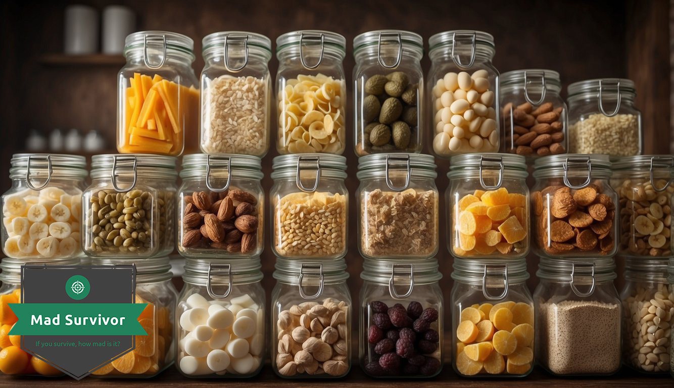 Assorted dehydrated and freeze-dried foods neatly organized in airtight containers for long term survival storage