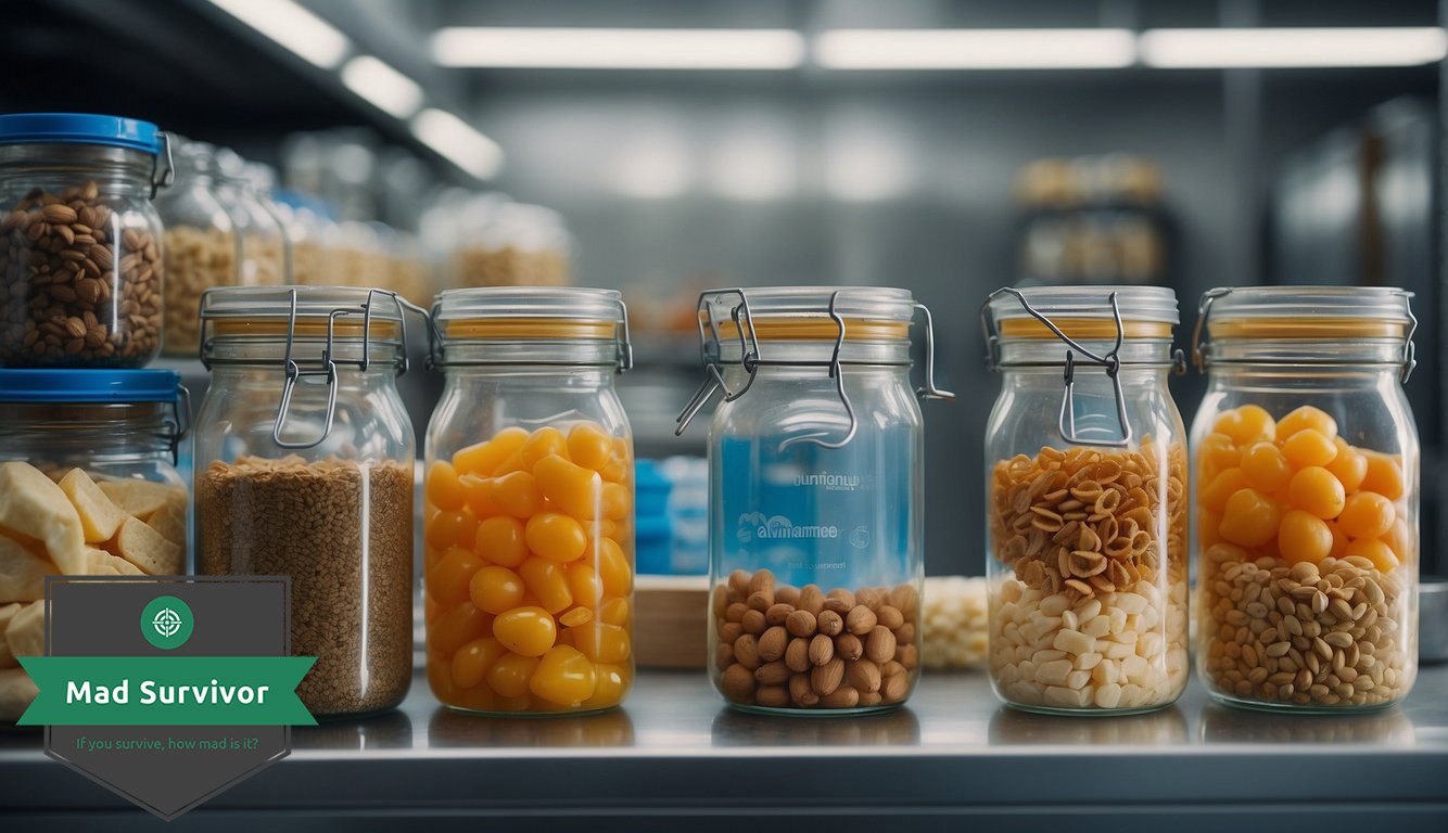 Clear plastic water storage containers surrounded by canned goods and dried foods.