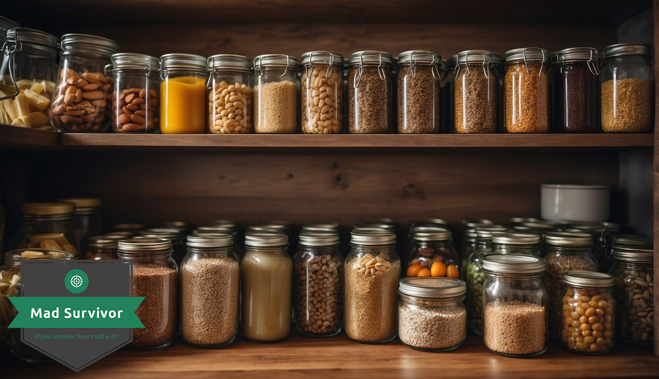 A well-stocked pantry with canned goods, dried grains, and preserved meats.