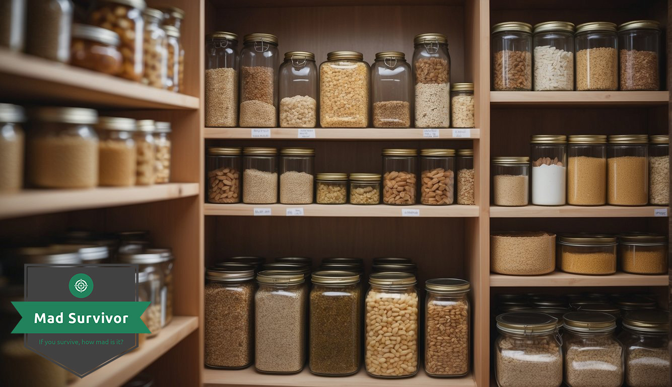 A pantry stocked with canned goods, dried grains, and sealed containers of non-perishable items.
