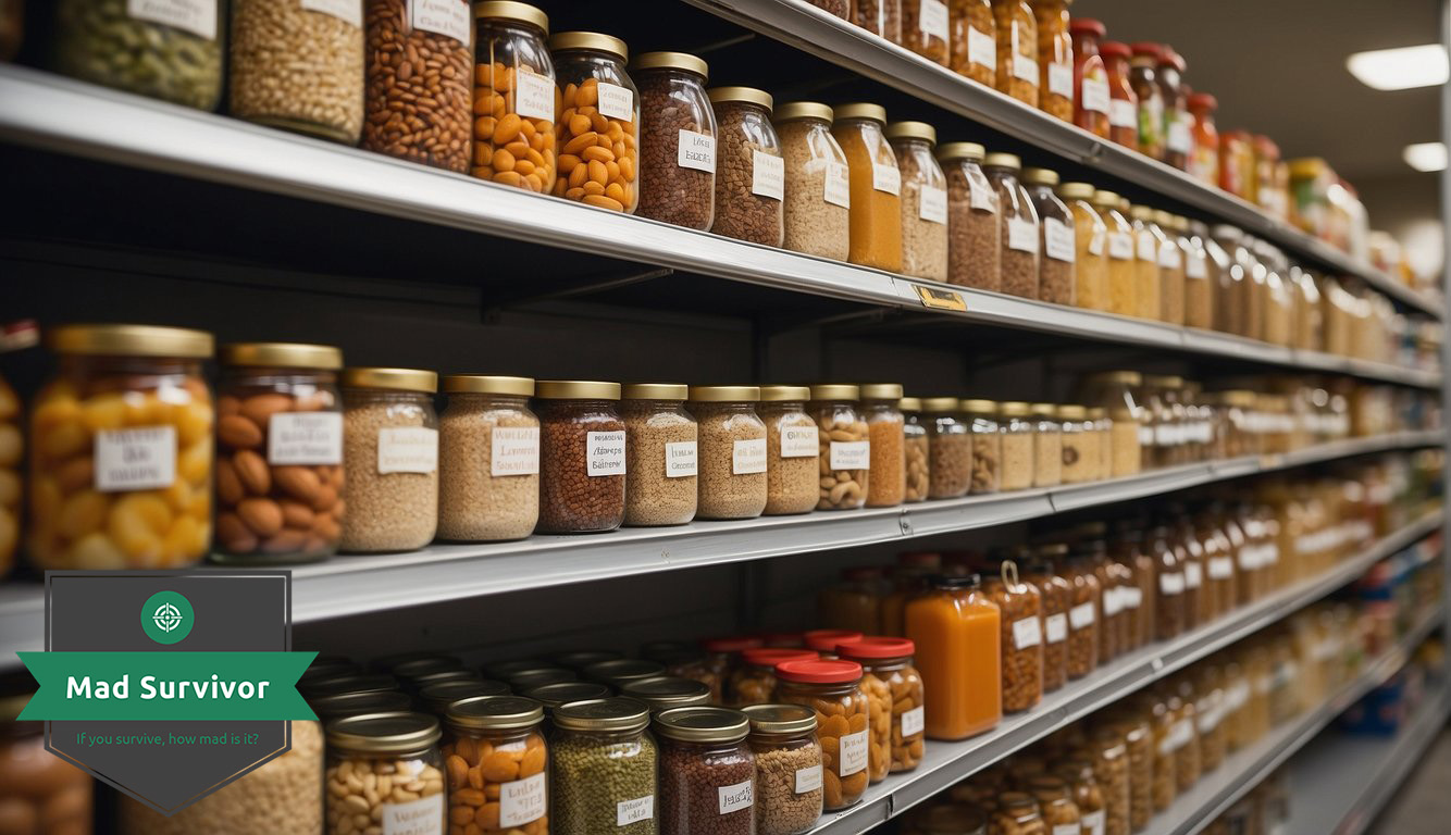 Various non-perishable foods arranged in a storage pantry, including canned goods, dried fruits, nuts, and grains. Labels indicate long shelf life and nutritional value