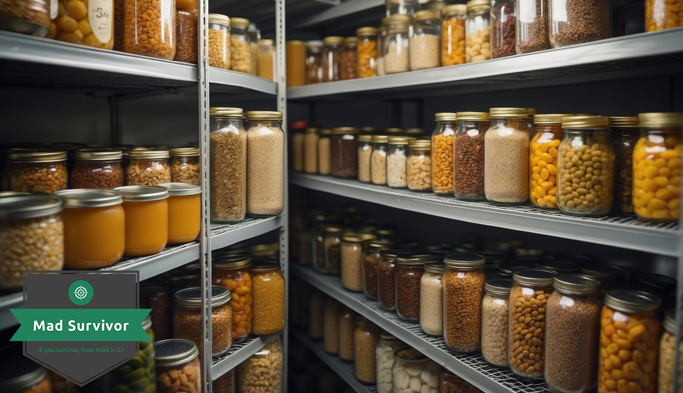 Various canned goods and dry food items neatly organized on sturdy shelves in a secure, climate-controlled storage room