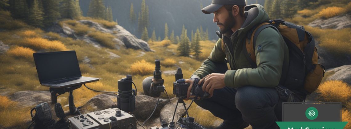 A person uses a ham radio to communicate in a wilderness setting, surrounded by survival gear and rugged terrain