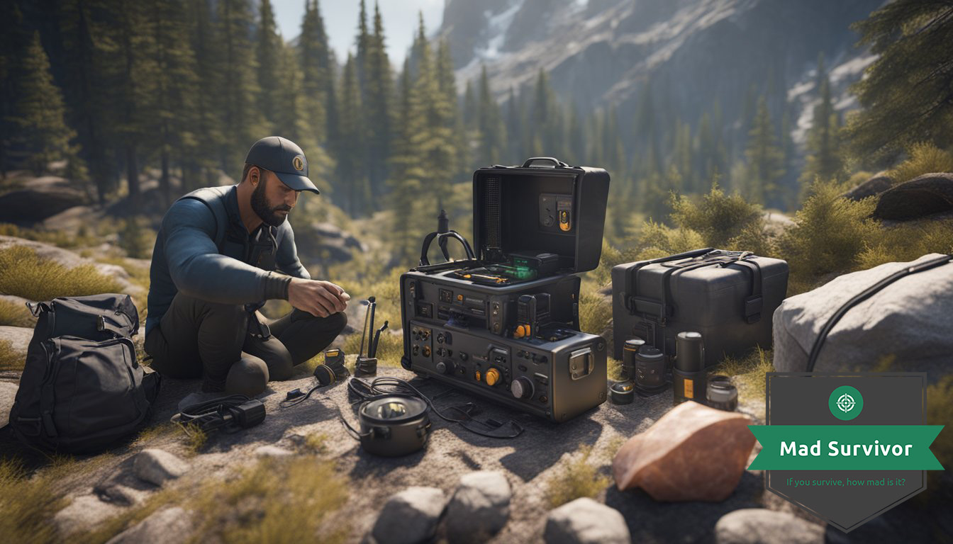 A person sets up a ham radio in a rugged outdoor setting, 