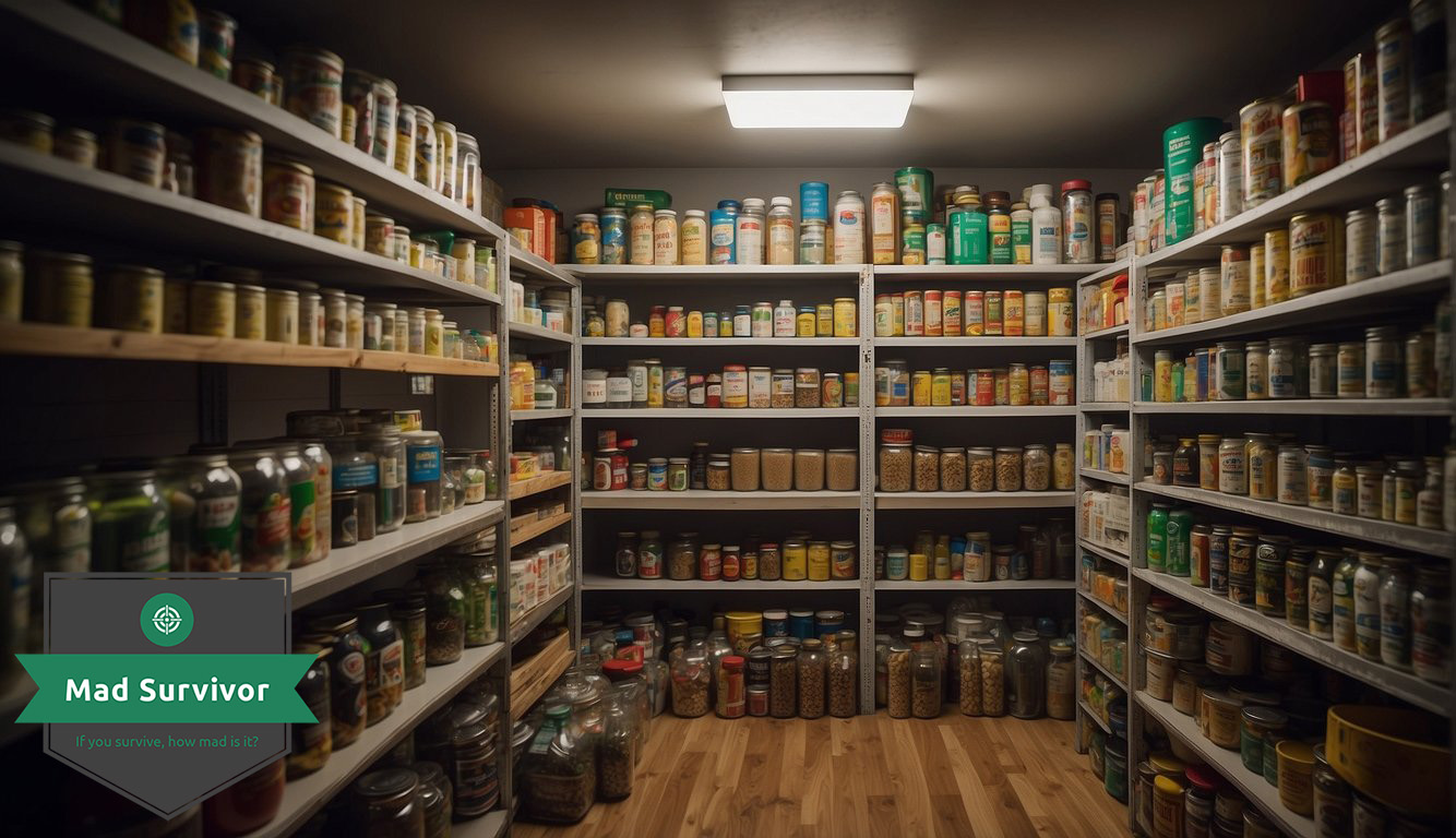 A hidden room behind a bookshelf with shelves stocked full of canned goods, water jugs, and survival supplies