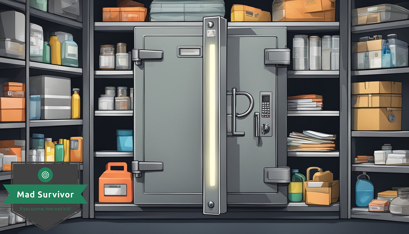 A locked safe hidden in a dimly lit room, filled with shelves of carefully organized emergency supplies