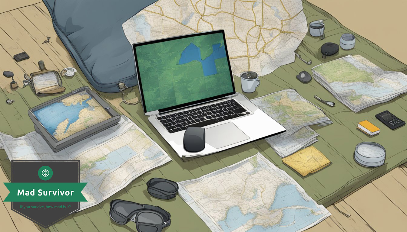 A table with a map, survival gear, and a computer screen showing prepping information. 