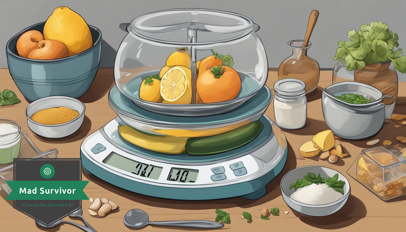 A scale sits on a table, surrounded by various ingredients and utensils. 