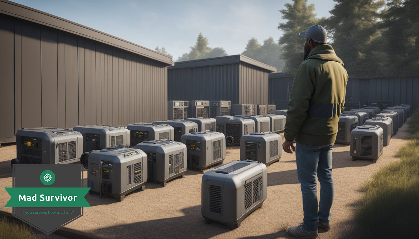 A person standing in front of a variety of generators, assessing their power needs. 