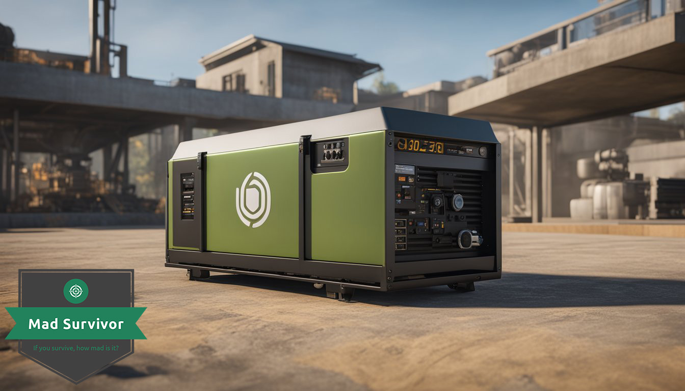 A generator sits on a sturdy platform, connected to a fuel source.