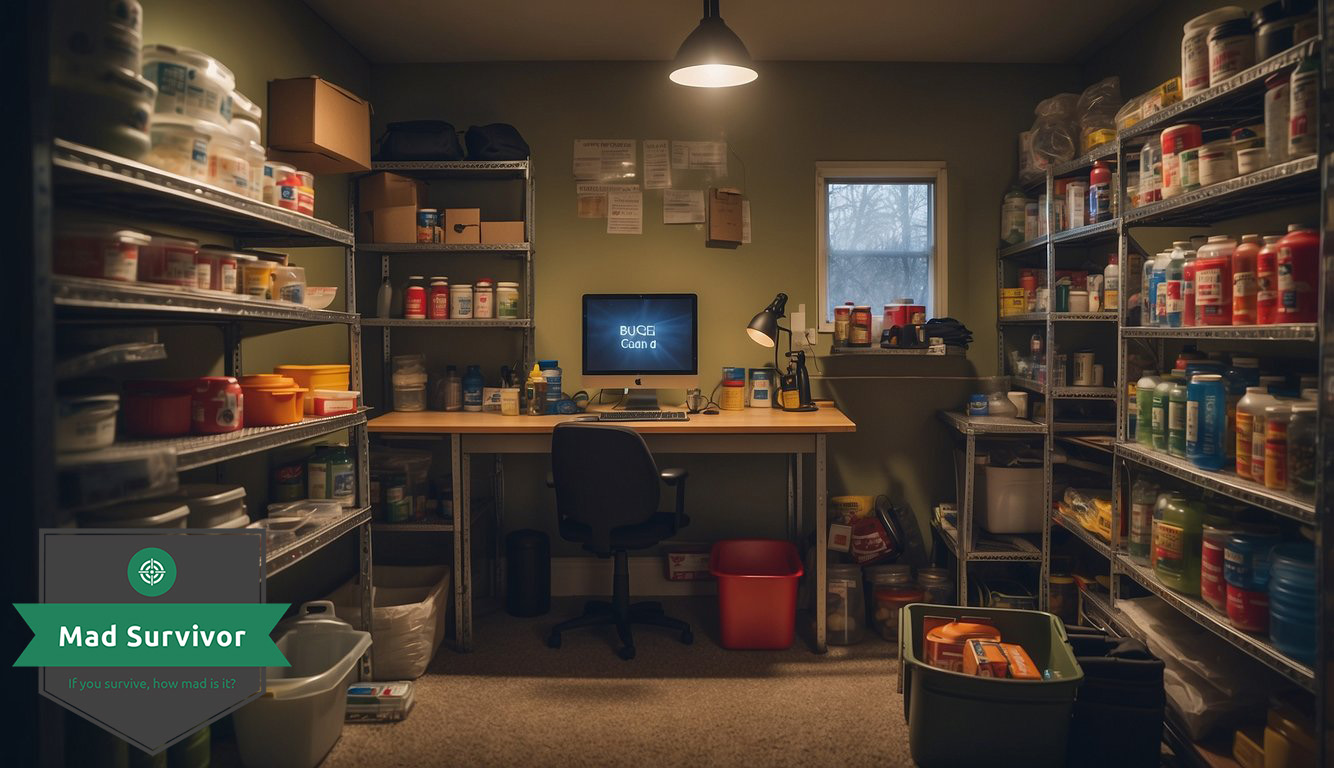 A small room with shelves stocked with canned goods, water jugs, and emergency supplies. A table holds a first aid kit, flashlight, and basic tools. 