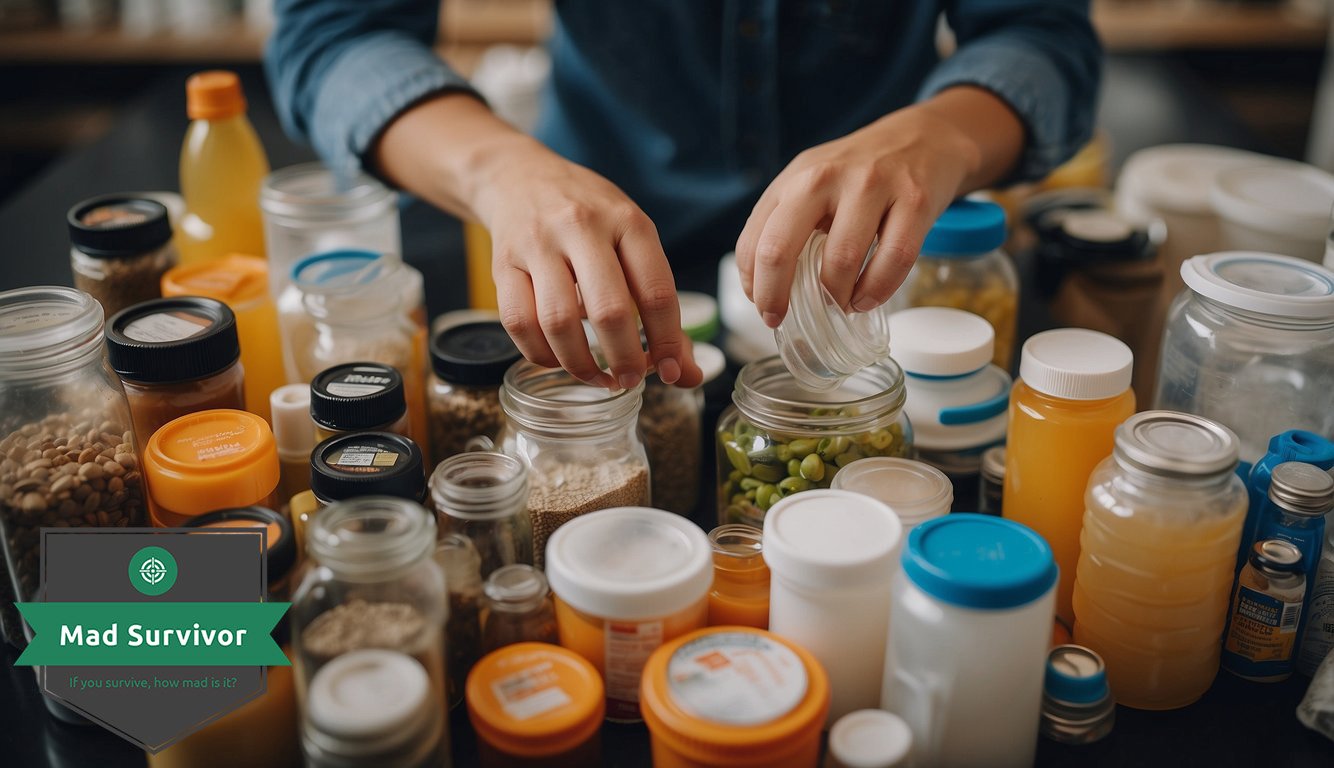 A person browsing through a variety of prepping supplies, including non-perishable foods.