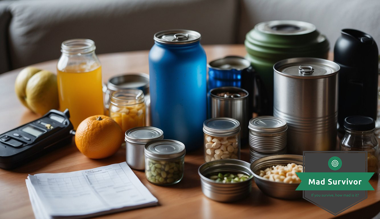 Budget-friendly items scattered on a table, including canned goods, water bottles, and survival gear