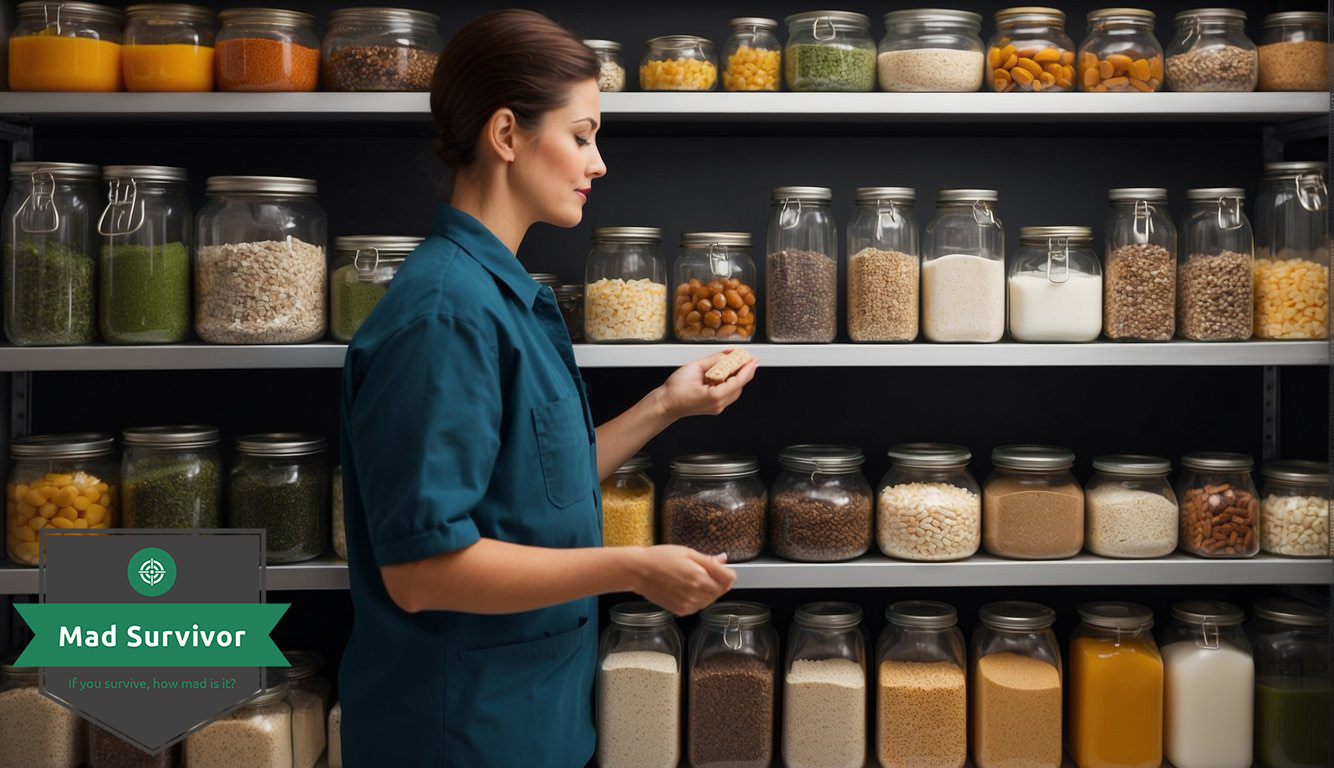 A person carefully measures and portions out food and water supplies, organizing them neatly on shelves and in containers.
